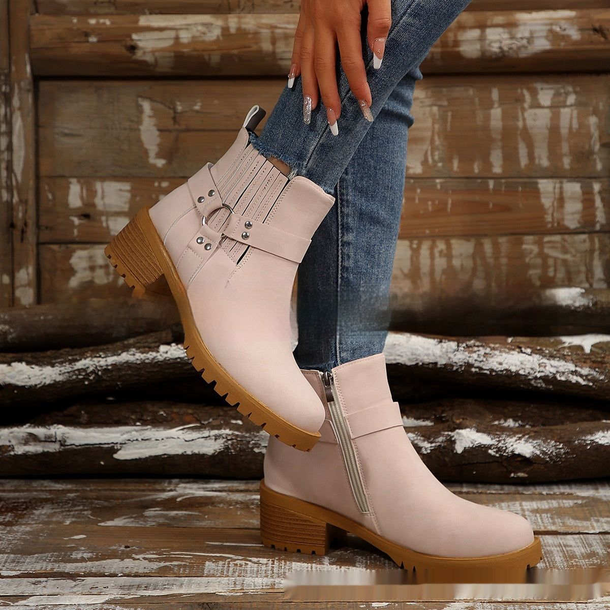 Bottines pour femmes avec boucle de ceinture et bande élastique