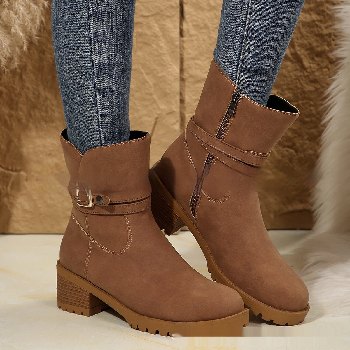 Bottines pour femmes avec boucle de ceinture et bande élastique